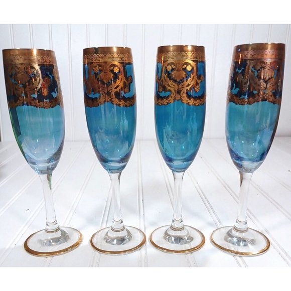 GlassOfVenice Murano Glass Champagne Flutes 24K Gold Leaf - Blue Set 4 Vintage - Picture 5 of 16